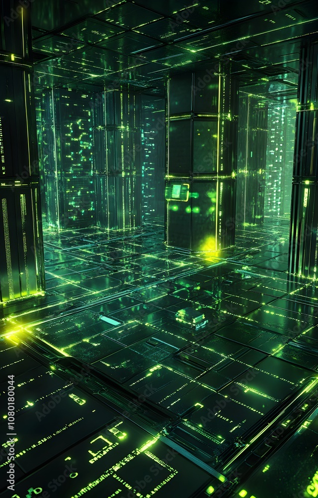 Poster 94. a high-tech 3d setting with floating digital grids, glowing edges, and ample space for a product
