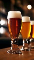 Three Glasses of Golden Craft Beer With Fluffy White Foam on a Bar Counter, Blurry Pub Background