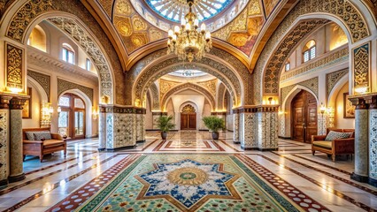 Obraz premium Elegant Entrance Hall Featuring Moroccan Mosaics and Light Beige Marble Flooring, Showcasing Stunning Architectural Details and Vibrant Colors in a Panoramic View
