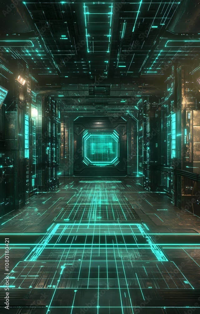 Poster 94. a high-tech 3d setting with floating digital grids, glowing edges, and ample space for a product