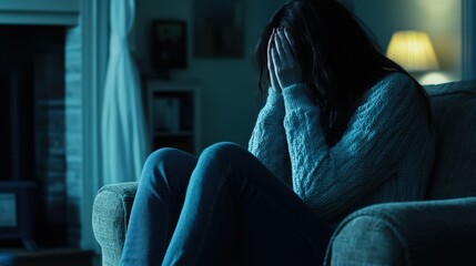 A tense scene of a woman seated on a couch, partially obscured by darkness, capturing a deep moment of sorrow and contemplation in dim lighting.