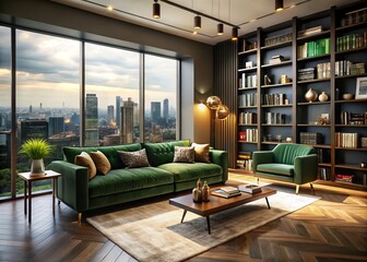 Obraz premium Elegant Living Room with Modern Dark Green Sofa and Cityscape Views Through Large Windows, Showcasing Contemporary Design and Cozy Atmosphere
