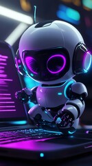 Creative Abstract Marketing Background Featuring a Friendly AI Robot Using a Laptop with Purple Neon Lights: A Conceptual Illustration of Chatbots and AI Assistants in Future Technology, Enhanced with