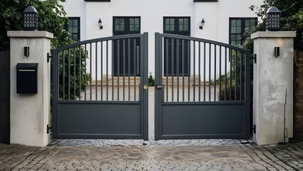 entrance to the house, New metal gates and a  mail box on the wall, black iron gate and closed metal door on a white brick  wall, one big gray metal gate 