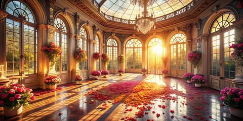 Obraz premium Elegant Palace Ballroom Sun Room Bathed in Light with Flower Petals Scattered on Polished Floor, Captured by Drone Photography for Stunning Visual Appeal