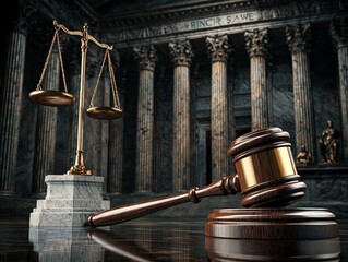 Elegant Gavel Resting on Polished Desk Next to Classic Scales of Justice in a Grand Law Library Setting, Capturing the Essence of Legal Authority and Fairness