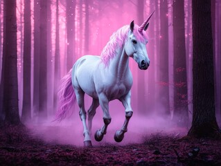 Naklejka premium A Graceful Unicorn Galloping Through a Mystical Forest with Opalescent Mane and Spiraling Horns in Enchanting Pink Light