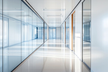 Spacious bright hallway with a minimalist design, mirrored wall, and built-in closets.