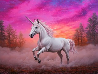 A Graceful Unicorn in an Enchanted Landscape with Opalescent Mane and Spiraling Horns, Set Against a Vibrant Sunset and Misty Surroundings