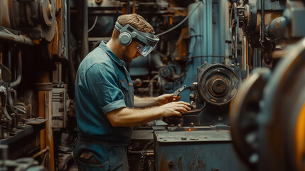 Repair technician in remote location using AR glasses for equipment maintenance