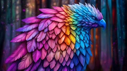 Obraz premium A Majestic Winged Creature with Shimmering Scales and Vibrant Feathers, Captured in a Mystical Forest Setting, Radiating Colors and Enchantment