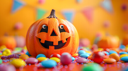 Smiling Halloween pumpkin and candies in minimalist style