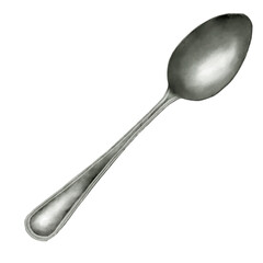Stainless steel spoon with metal handle, watercolor digital illustration. Element of restaurant utensils isolated on white background. Kitchen utensils for food, cutlery for restaurant serving