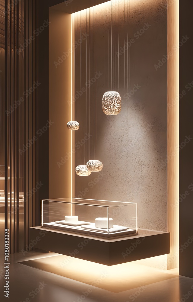 Poster 98. a luxurious 3d showcase with soft lighting and floating elements, offering a clear area for a pr