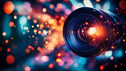 Abstract video camera lens with colorful lights. Concept of digital media production in cinema and television.