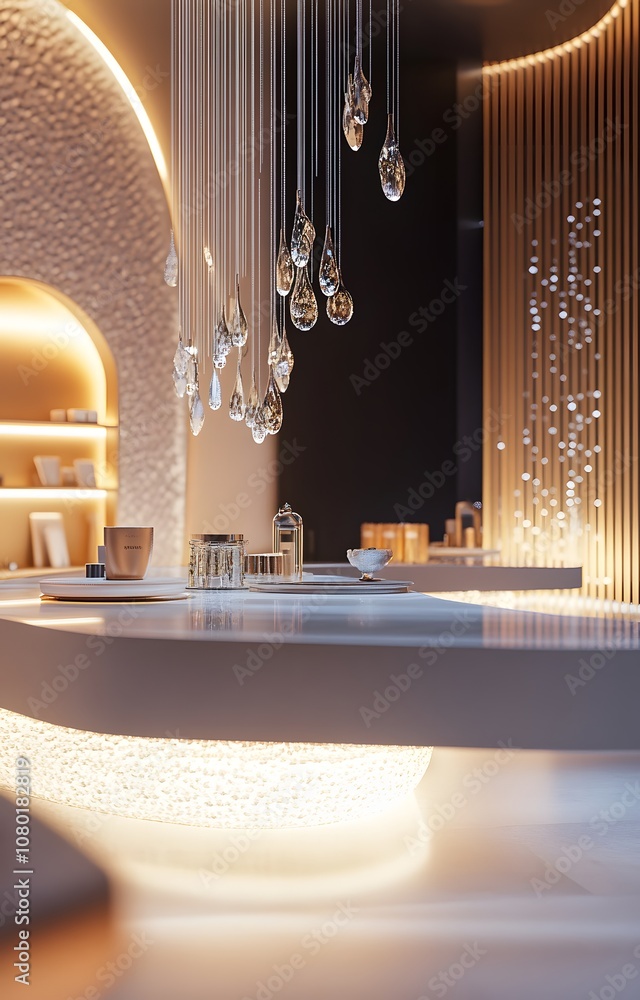 Poster 98. a luxurious 3d showcase with soft lighting and floating elements, offering a clear area for a pr