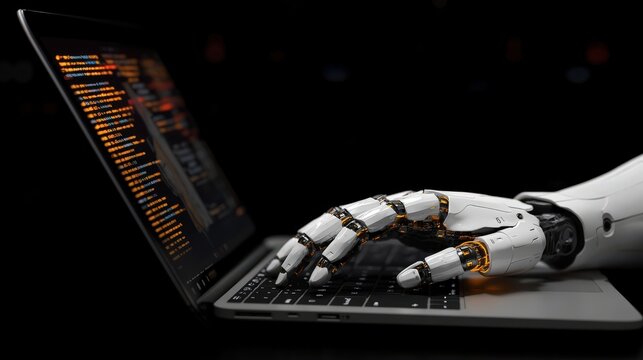 A close-up view of a robotic hand entering code on a laptop, emphasizing artificial intelligence and technological advancement.