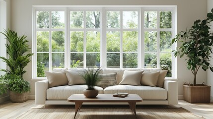 Bright living room with large windows showcasing greenery in a modern home during the day. Generative AI