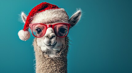 A joyful llama in a festive Santa hat and oversized sunglasses against a turquoise background, perfect for winter holiday promotions or quirky seasonal greetings.