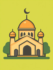 Illustration of a mosque with a crescent moon on top, surrounded by green trees on a green background.