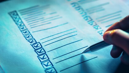 Businessman checking steps through document with a list of checkboxes ,regulation ,practices and policies ,Terms and conditions ,Examination of ethical rules ,Evaluate quality and