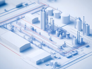 detailed diagram of fuel processing technology showcasing various industrial structures, pipelines, and storage tanks in clean, organized layout