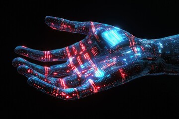 Obraz premium An outstretched hand made from glowing digital circuitry, with bright blue and red lights on the fingers, against a black background