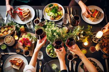 Cena de Nochevieja, amigos disfrutando alrededor de la mesa con comida y bebida. Vista superior de manos brindando con copas de vino y aperitivos.