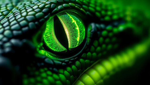 A close up of a green snake's eye with a green iris
