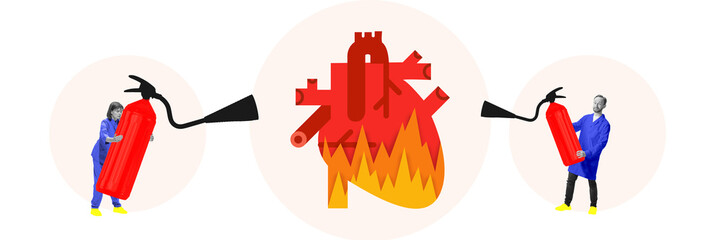 Poster. Contemporary art collage. Heart on fire with two professionals, doctors in blue uniforms using fire extinguishers, one on each side. Concept of healthcare, cardiovascular, emergency, medicine