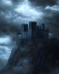 ruined castle atop jagged cliff under dark clouds, evoking sense of mystery and foreboding. dramatic landscape enhances castle imposing presence