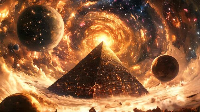 A pyramid of wisdom, surrounded by planets. Eternal temple of wisdom, esoteric, hermetic and cabal fantasy concept animation.
