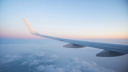 Obraz premium Plane wing view of a plane flying over the clouds.