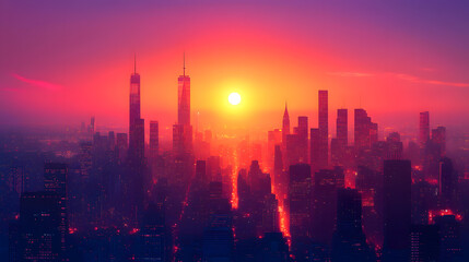 Fototapeta premium Illustration of a cityscape silhouette at sunset, with warm orange and purple tones fading into each other, adding a moody and atmospheric feel to the background.