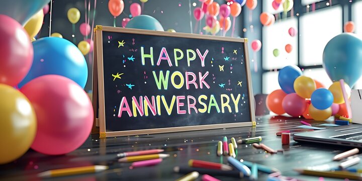 A cheerful work anniversary celebration display with colorful balloons, a chalkboard sign saying "Happy Work Anniversary," and festive decorations.