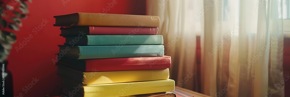Aufkleber a colorful stack of books rests on a table, bathed in sunlight, with bright walls and soft curtains 