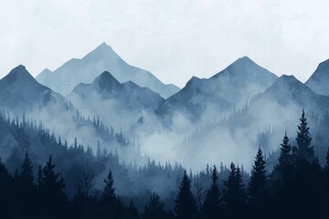Obraz premium A blue mountain range with mist rising from the peaks, creating an ethereal and dreamy atmosphere. 