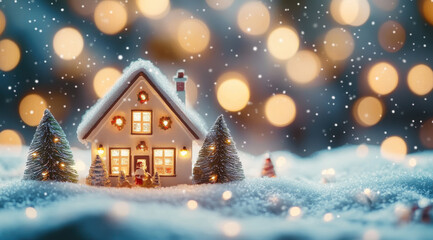 Obraz premium cozy Christmas scene featuring miniature house surrounded by snow and festive decorations, evoking warm holiday spirit