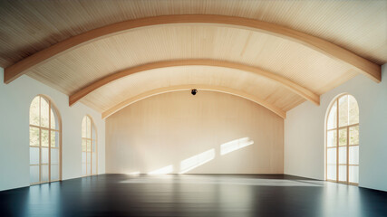 Obraz premium A Serene Minimalist Studio With a Graceful Wooden Ceiling and Gentle Afternoon Light