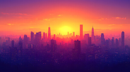 Fototapeta premium Illustration of a cityscape silhouette at sunset, with warm orange and purple tones fading into each other, adding a moody and atmospheric feel to the background.