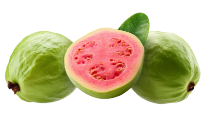 Fresh guava fruit, showcasing green exterior and bright pink interior, isolated on white background.