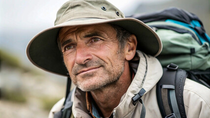 Obraz premium Close-Up Portrait of a Fit, Mature Hiker with Gray Hair, Reflecting on Nature's Beauty