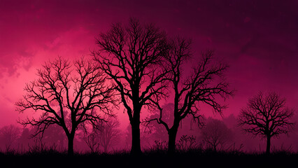 Fototapeta premium silhouettes of ominous trees on a purple on Friday 13