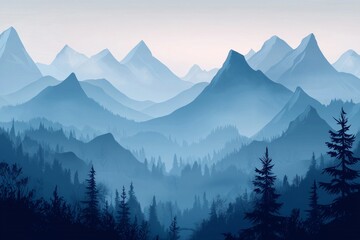 A blue mountain range with mist rising from the peaks, creating an ethereal and dreamy atmosphere. 