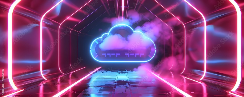 Poster a futuristic corridor with neon lights and a cloud symbol, creating a tech-inspired atmosphere.