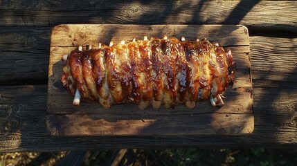 Wooden board roasted pork steak with empty space