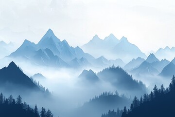 Fototapeta premium A blue mountain range with mist rising from the peaks, creating an ethereal and dreamy atmosphere. 