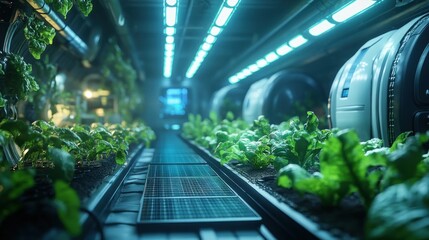 Futuristic indoor farm with rows of plants growing under LED lights and automated technology.