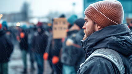Fototapeta premium Workers on strike during winter protest