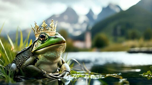 A frog prince wearing crown with blurred fairy tale castle, Mountains and a river on background	
